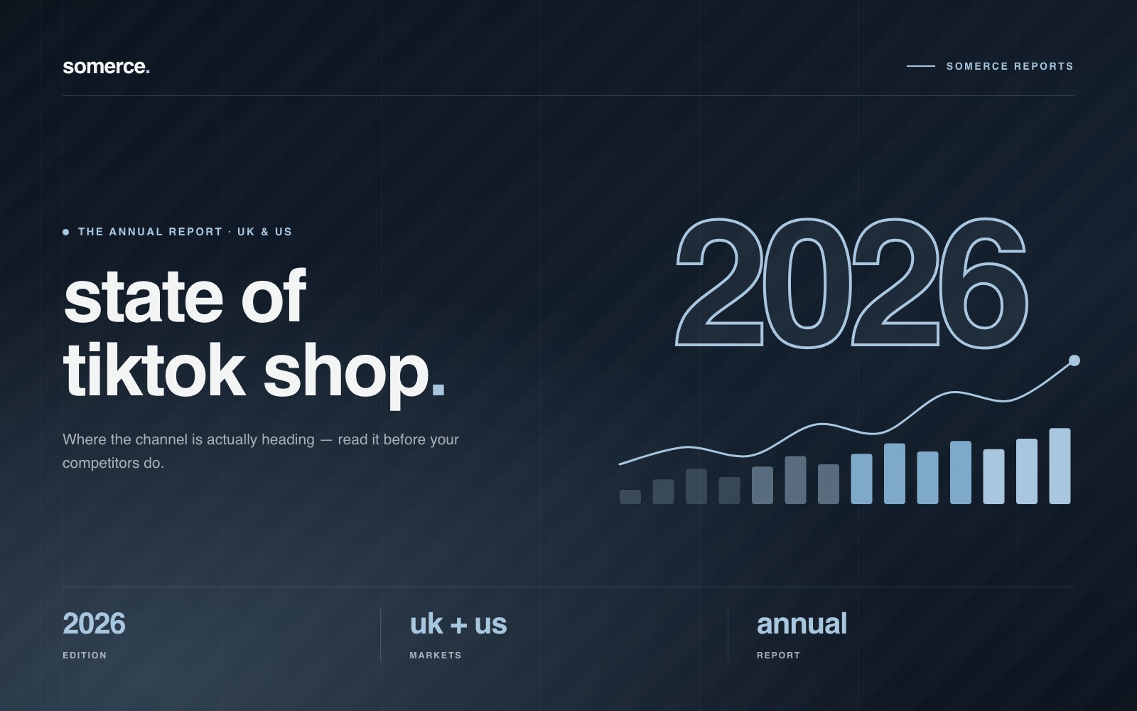 Cover of the somerce State of TikTok Shop report: the title beside an outlined 2026 and a rising bar chart, tagged 2026 edition, UK and US markets, annual