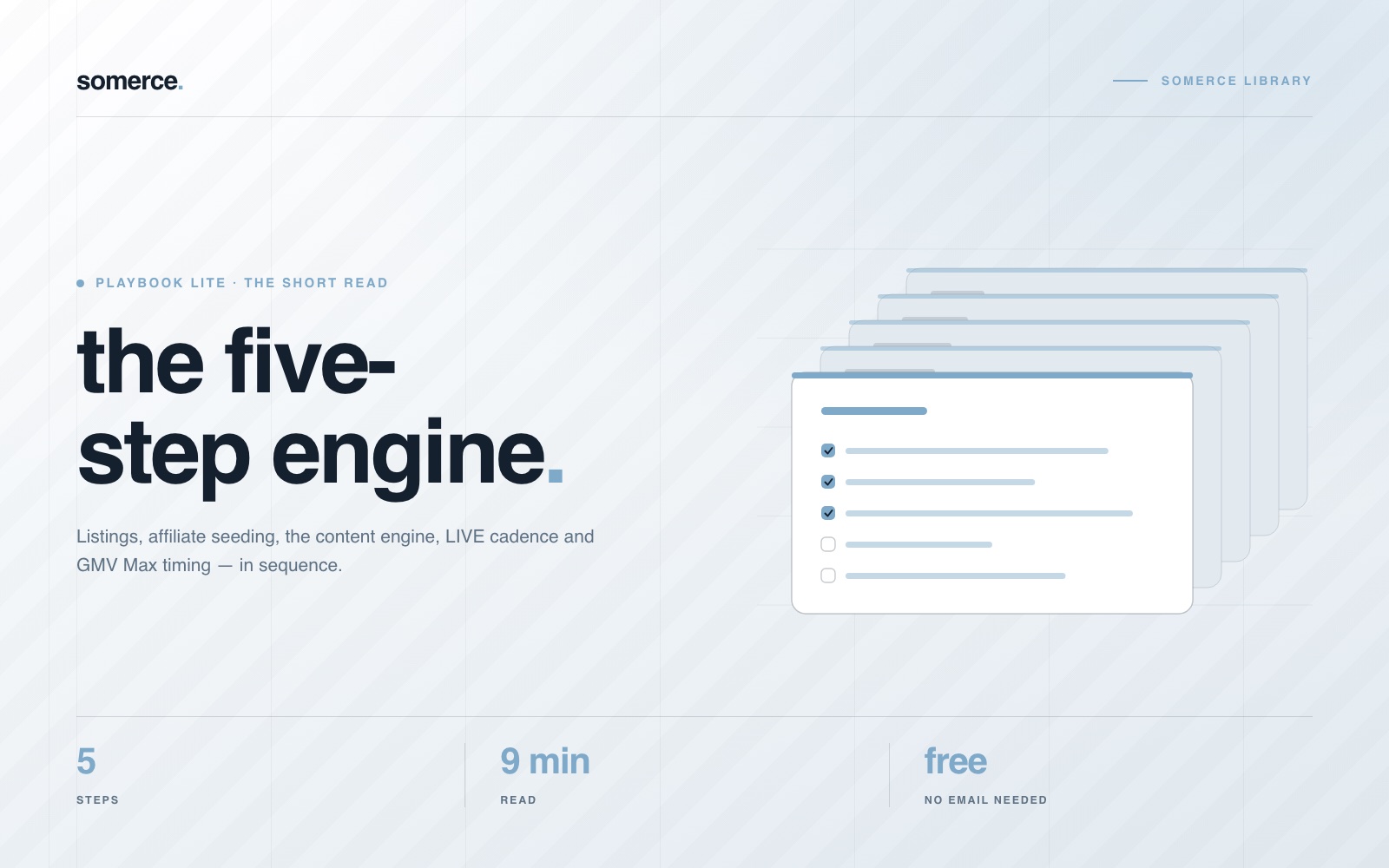 Cover of the somerce playbook lite: “the five-step engine” beside a stack of checklist cards, three rows ticked and two still open, tagged 5 steps, 9 min read, free