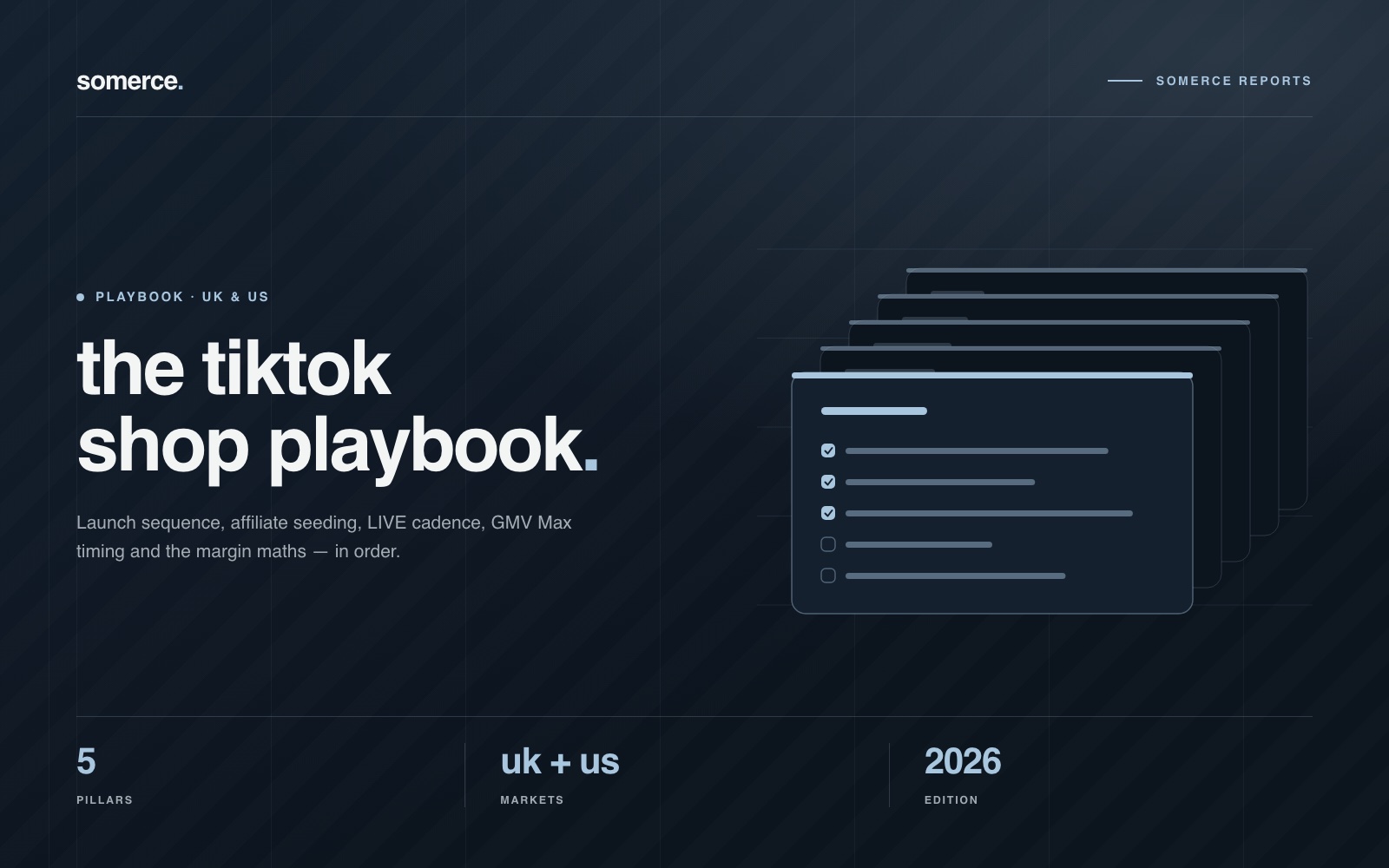 Cover of the somerce TikTok Shop playbook: the title beside a stack of checklist cards, tagged 5 pillars, UK and US markets, 2026 edition