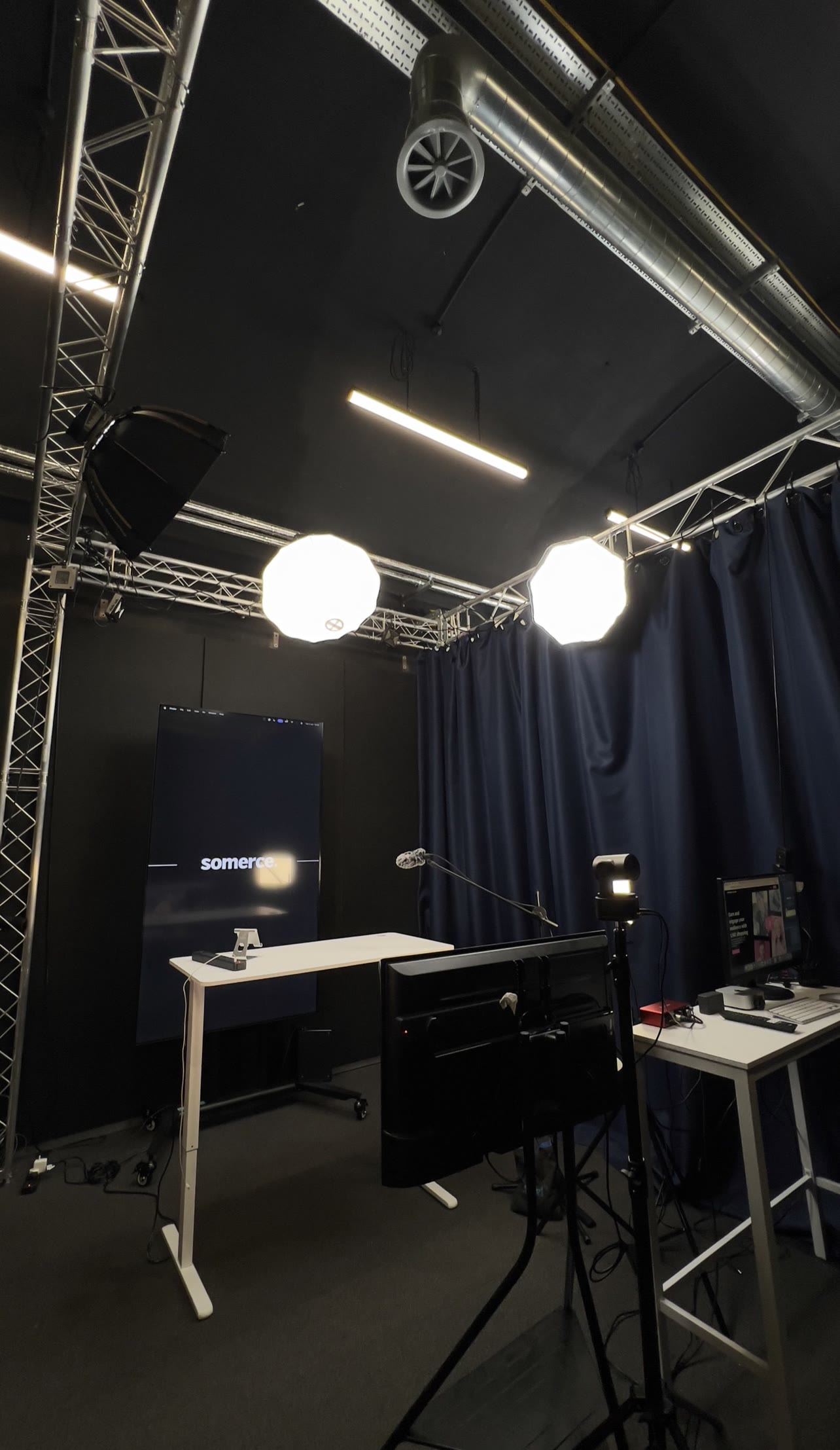 Lighting rig and broadcast desks on the Manchester studio floor
