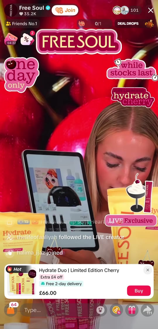 Free Soul daily TikTok Shop LIVE broadcast, host presenting product to camera