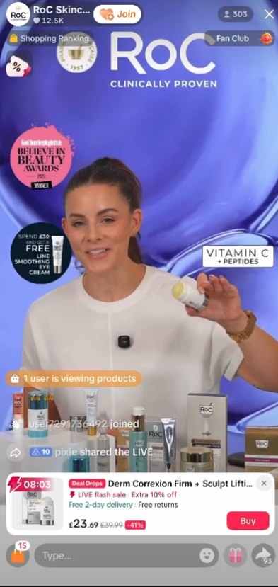 A RoC Skincare TikTok LIVE, host mid-demo with the deal card live