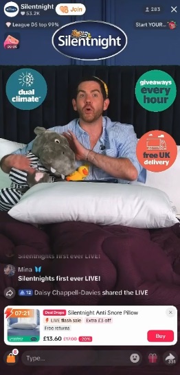 Silentnight TikTok LIVE: a host sitting on a made bed holding a grey teddy, with an anti-snore pillow pinned below at £13.60