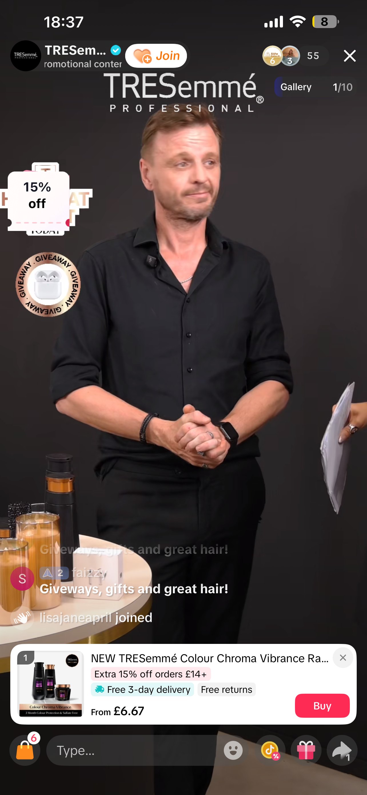 A TRESemmé Professional TikTok LIVE mid-styling, product card pinned